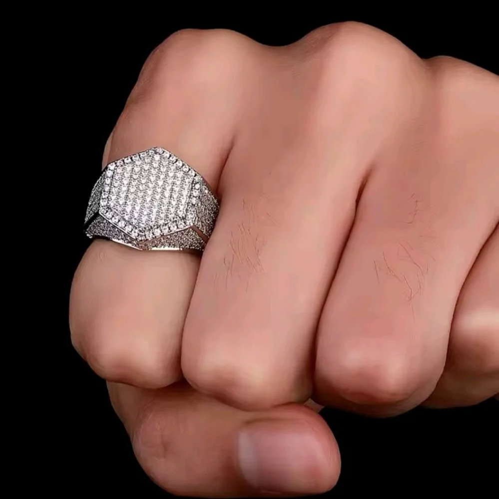 Modern Men's Silvery Hexagonal Diamond Ring Sz 13